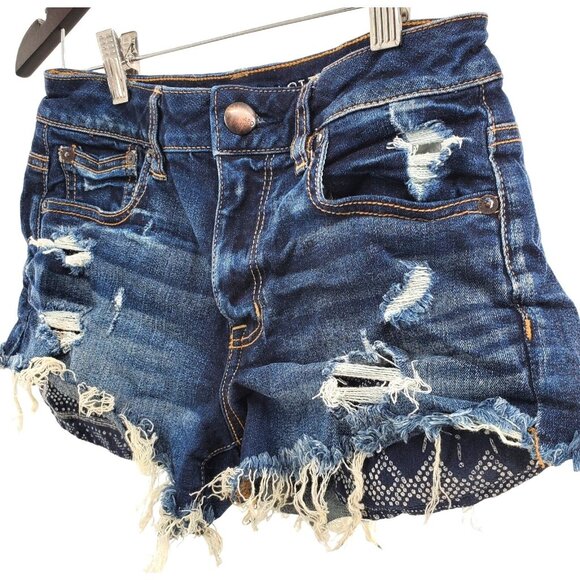 American Eagle XS Denim High-Rise Festival Distressed Frayed Cut-off Jean Shorts - Picture 4 of 9